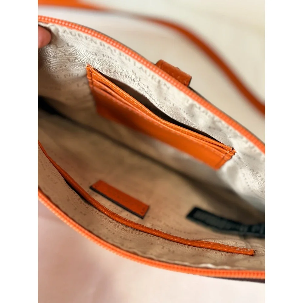 Lauren Ralph Lauren Orange Pebbled Leather Zipper Crossbody Bag